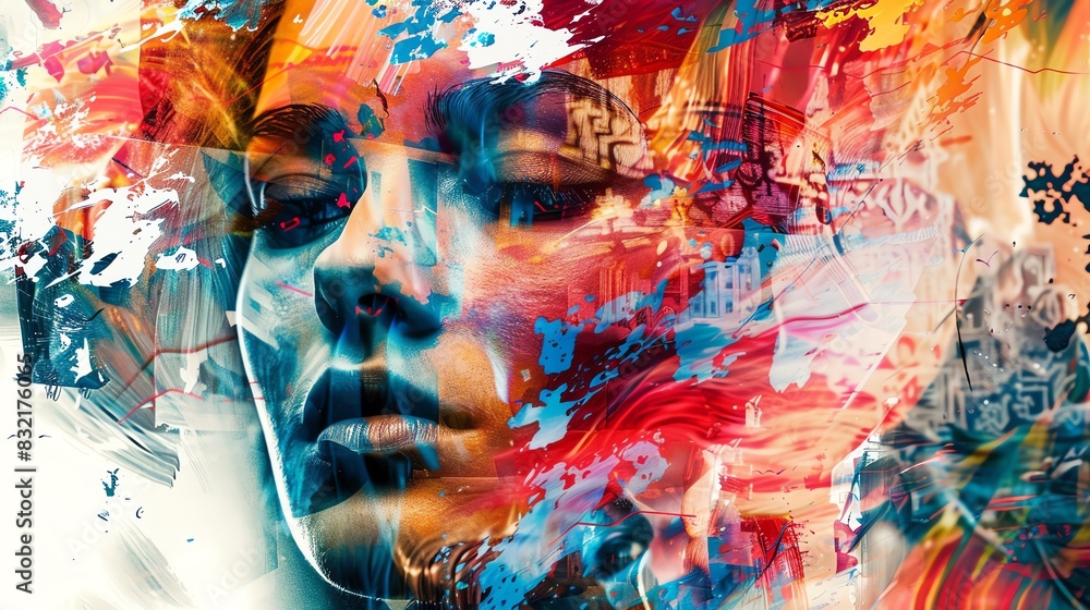 Poster artistic portrait blending vibrant colors and abstract patterns, creating an imaginative and express