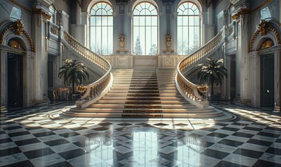 An elegant marble staircase with ornate railings in a grand mansion, sunlight streaming through...