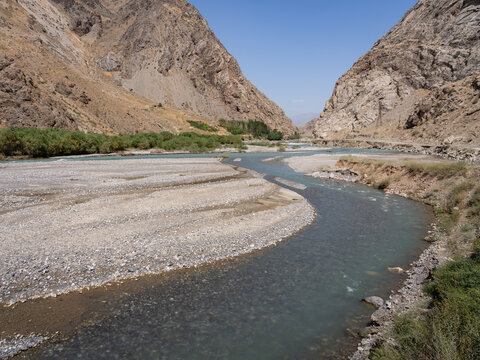 Scenic landscape view of remote Shing river valley near Marguzor lakes, Sughd, Tajikistan	
