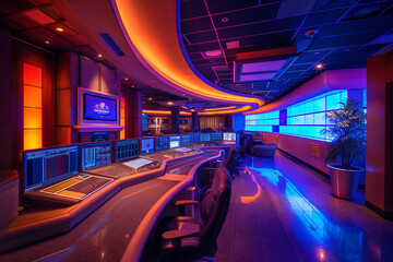 
Futuristic control room with advanced technology and multiple screens displaying data modern surveillance system high-tech monitoring station digital information hub cyber operations center


