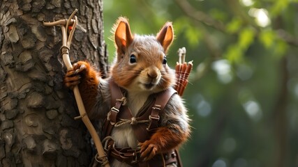 A squirrel dressed as a tiny archer is climbing a tree to shoot arrows with an acorn design.