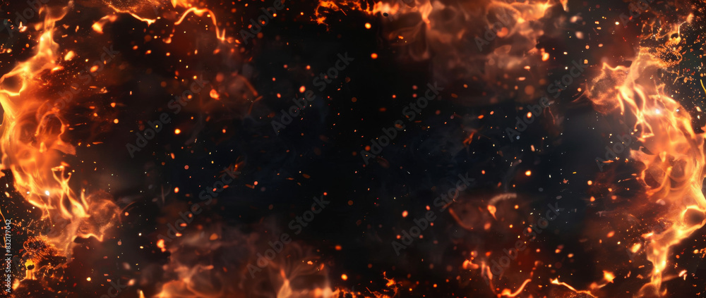 Poster fire frame border isolated on black background with copy space.