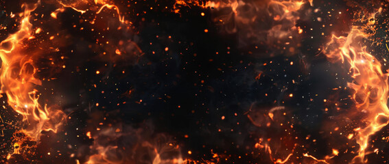 Fire frame border isolated on black background with copy space.