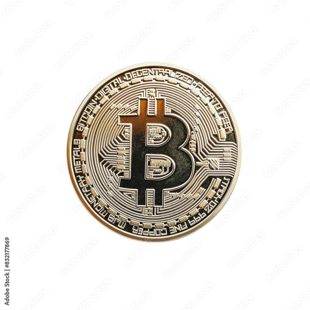 Poster a single bitcoin displayed against a white background, showcasing the digital currency in a minimali