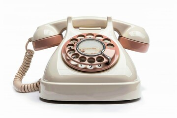 Retro rotary telephone with coiled cord, isolated white background, high detail, vintage charm