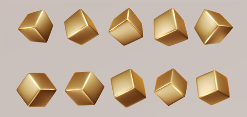Golden cubes realistic 3D. Blocks of yellow metal from different isometric angles. Golden square shapes metal design.