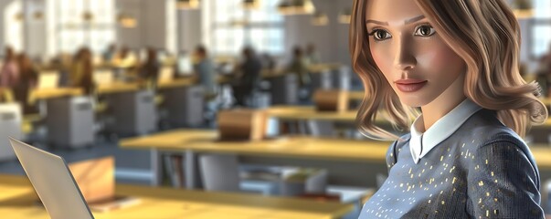 3D woman character focused on her laptop, with an office background showing rows of desks and employees working, plain gold setting
