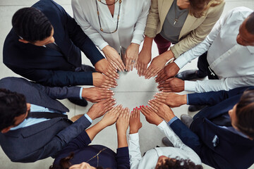 Top view, businesspeople and hands together in meeting, teamwork or unity support, trust and circle...