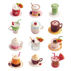 A collection of 12 different types of drinks, including coffee, tea
