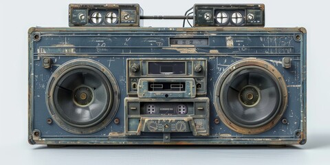 Retro boombox with dual cassette decks and speakers, isolated white background, high detail, street culture