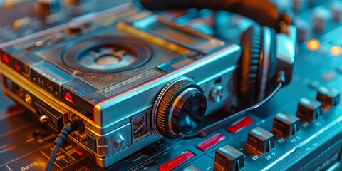 Retro 1980s walkman with headphones, closeup, isolated, high resolution, nostalgic music