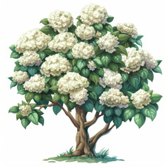 Illustration of a white flowering tree with lush green leaves, showcasing natural beauty and garden charm.