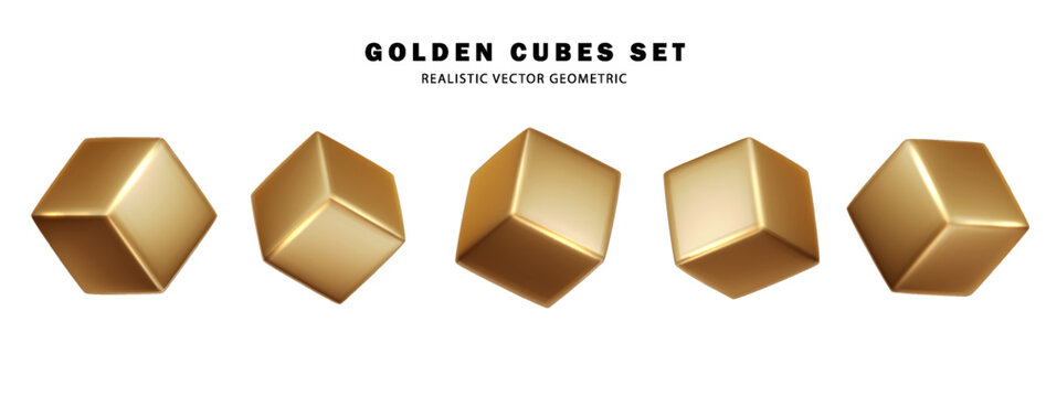 Golden cube. Gold box metallic shape. Geometric gold square realistic collection PNG