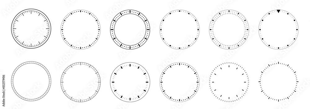 Poster clock face dials template set. blank measuring circle scale isolated. mechanical, classic template c