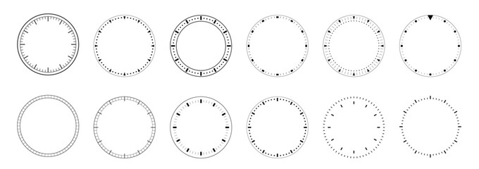 Clock face dials template set. Blank Measuring Circle Scale isolated. Mechanical, Classic template clock set