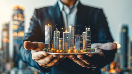 Obraz premium Corporate man holding 3D model of real estate