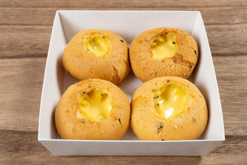 angle view puff pudding sweet snacks at horizontal composition