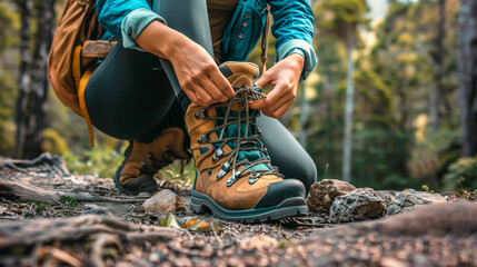 Female hiker lacing up hiking boots, preparing for a trail