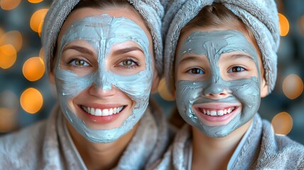 Mother daughter spa bonding homemade clay masks, bathrobes, celebrating mother s day