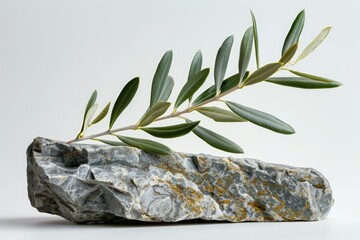 Olive branch on a marble pedestal, isolated white background, high detail, symbol of honor