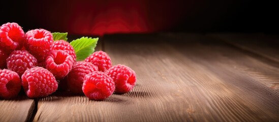 Fresh ripe raspberries on the wooden table. Creative banner. Copyspace image
