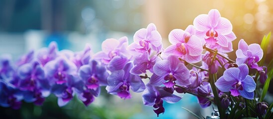 Beautiful flowers of Vanda Coerulea in garden. Creative banner. Copyspace image