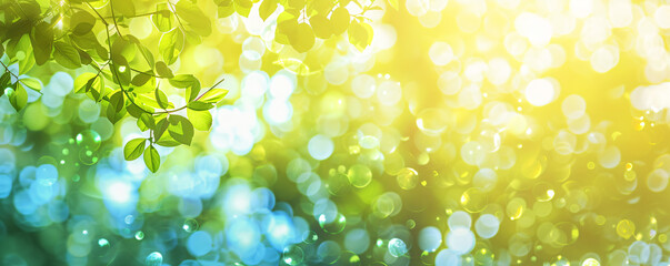 Fototapeta premium Abstract blurred background with sun and bokeh light effect in pastel green blue yellow color, spring summer nature landscape