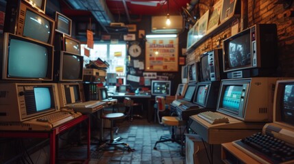 Oldschool 1990s internet cafe setup, CRT monitors and keyboards, high detail, nostalgic ambiance