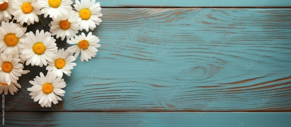 Poster daisy flowers on bright wood table. Creative banner. Copyspace image