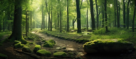 Obraz premium Wild forest panorama Ecology summer beautiful background. Creative banner. Copyspace image