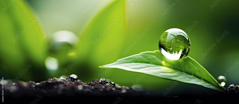 Sticker macro shot of leafy plant through a droplet of water. creative banner. copyspace image