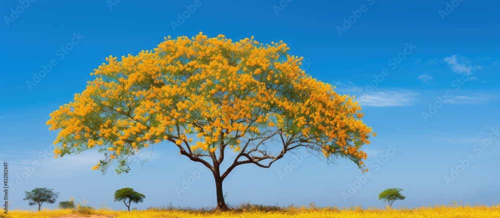 Poster yellow flowers of tipuana tipu tree. creative banner. copyspace image