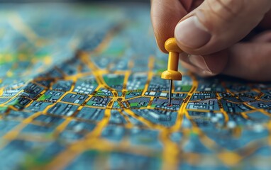 Close-up of a hand placing a yellow pushpin on a city map, highlighting a specific location among...