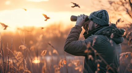 Obraz premium Male birdwatcher with birdwatching binoculars