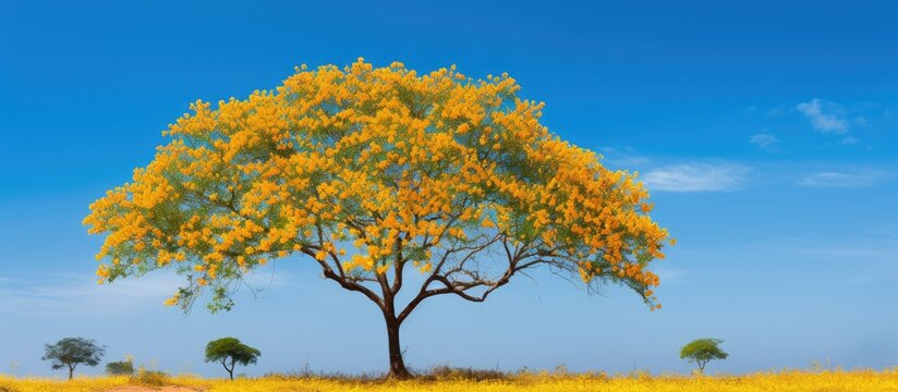 yellow flowers of Tipuana tipu tree. Creative banner. Copyspace image