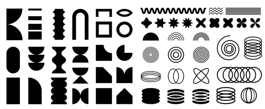 Abstract geometric shapes set. Simple primitive elements and forms. Brutalist geometric shapes, symbols. Retro design element collection PNG