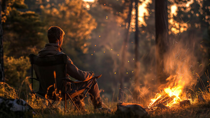 Male camper by a campfire