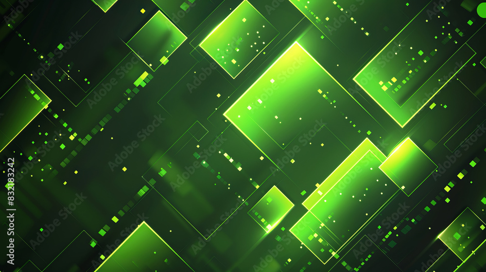 Poster abstract green rectangles and squares on a dark background