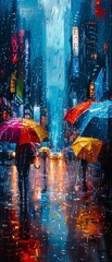 Vibrant city street in the rain, with people holding colorful umbrellas. Neon lights reflect on wet pavement, creating a magical urban atmosphere.