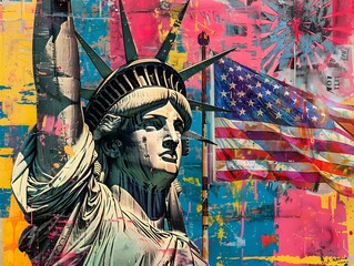 Mixed Media Statue of Liberty with Vibrant US flag art