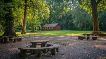 A serene outdoor classroom with circular wooden benches and a wooden cabin in the background, surrounded by tall trees.