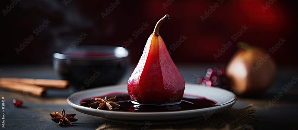 Aufkleber poached pear in red wine with cinnamon on a light background. creative banner. copyspace image