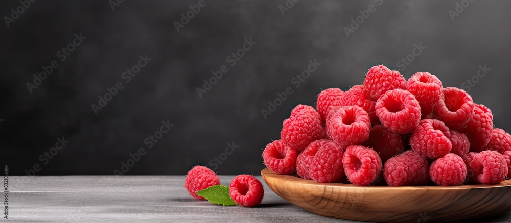Poster ripe raspberry berries on a gray background in a wooden plate. creative banner. copyspace image