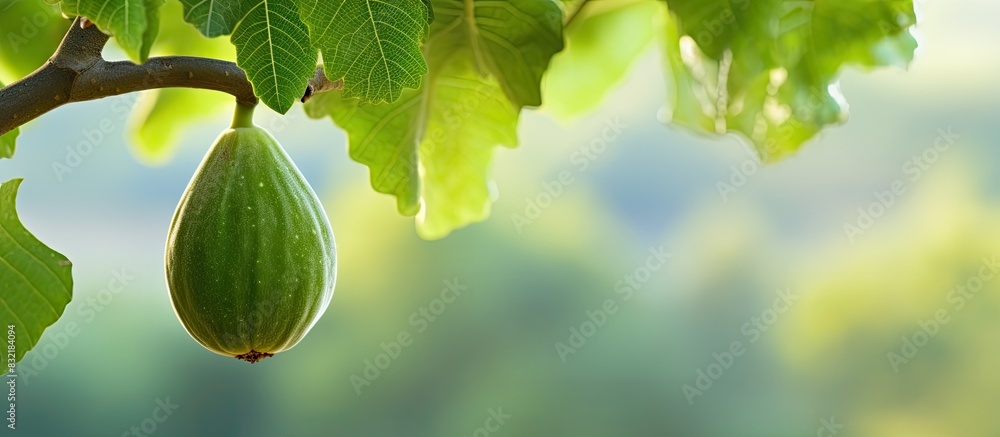 Poster an unripe fig fruit on a tree. creative banner. copyspace image