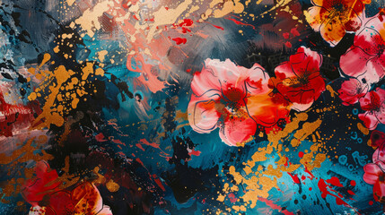 Abstract artistic background with colorful flowers and branches