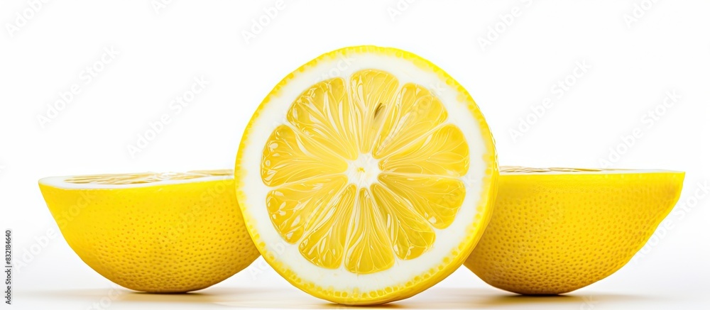 Poster slice of fresh lemon isolated on white background. creative banner. copyspace image