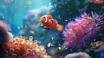 Tropical marine underwater environment featuring a clownfish named Nemo