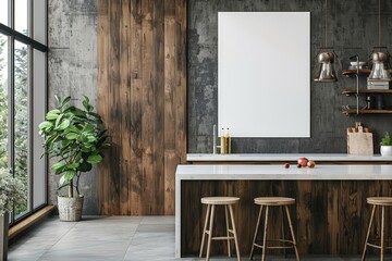 Modern Industrial Kitchen Interior with Blank Canvas on Wall