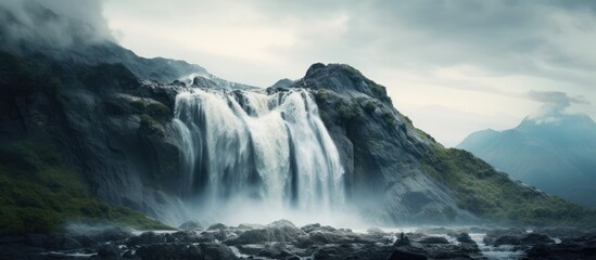 Fototapeta premium Waterfall flowing from a mountain with a cloudy sky as background. Creative banner. Copyspace image