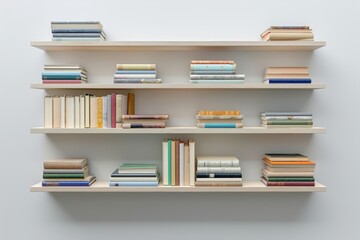 Modern minimalist bookshelf with neatly arranged books, isolated white background, high detail, organized design